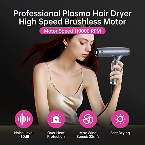 Professional Hair Dryer with Powerful Brushless Motor, Lightweight Foldable Dual Ionic Blow Dryer, 12 Modes, Super Quiet, High Speed for Fast Drying with Magnetic Nozzle, for Travel Salon Home - Image 2