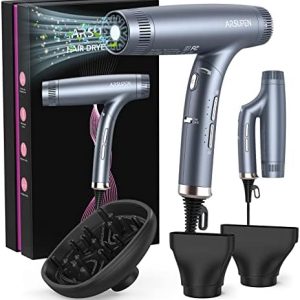 Professional Hair Dryer with Powerful Brushless Motor, Lightweight Foldable Dual Ionic Blow Dryer, 12 Modes, Super Quiet, High Speed for Fast Drying with Magnetic Nozzle, for Travel Salon Home