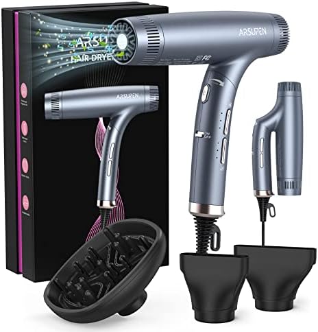 Professional Hair Dryer with Powerful Brushless Motor, Lightweight Foldable Dual Ionic Blow Dryer, 12 Modes, Super Quiet, High Speed for Fast Drying with Magnetic Nozzle, for Travel Salon Home
