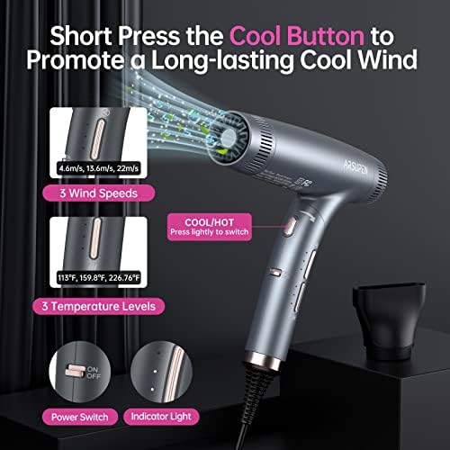 Professional Hair Dryer with Powerful Brushless Motor, Lightweight Foldable Dual Ionic Blow Dryer, 12 Modes, Super Quiet, High Speed for Fast Drying with Magnetic Nozzle, for Travel Salon Home - Image 3