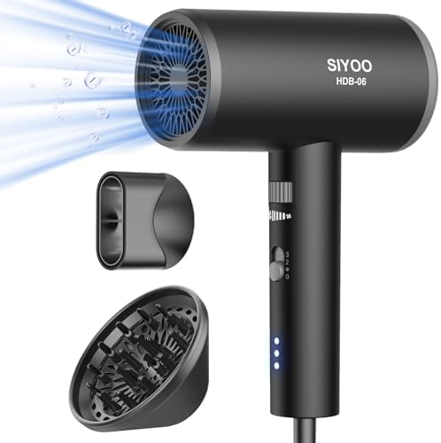 Professional Ionic Hair Dryer 1600W with Diffuser and Nozzle for All Hair Types