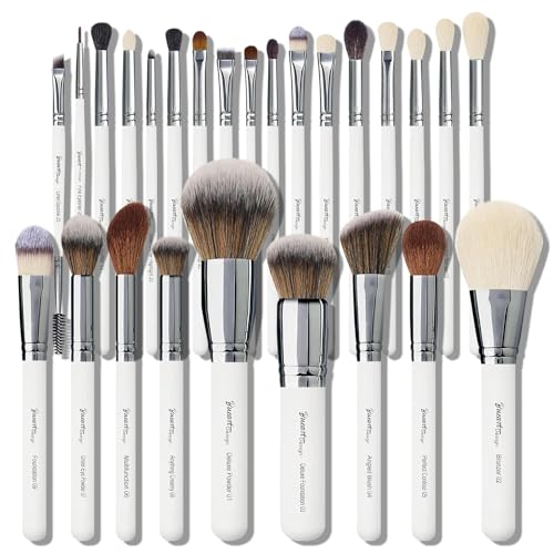 Professional Makeup Artist Brushes Set 26Pcs Real Natural Goat Hair Labeled White Makeup Brush Set with Foundation Powder blush concealer blending eyeshadow contour make up brushes set By Bueart Desig