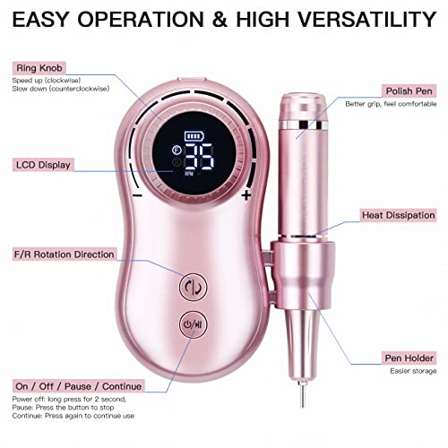 Professional Nail Drill 35000 RPM Rechargeable Electric Nail Drill Machine Portable Acrylic Nail Drill with 11 Pcs Nail Drill Bits for Acrylic Nails, Gel Nails, Manicure Pedicure Polishing - Image 8