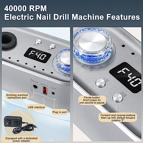 Professional Nail Drill Kit with Nail Curing Lamp,Electric Nail Filer Kit for Acrylic Nails,LCD Display Nail Drill Machine Manicure Pedicure Tool for Home Salon Use-Grey - Image 2