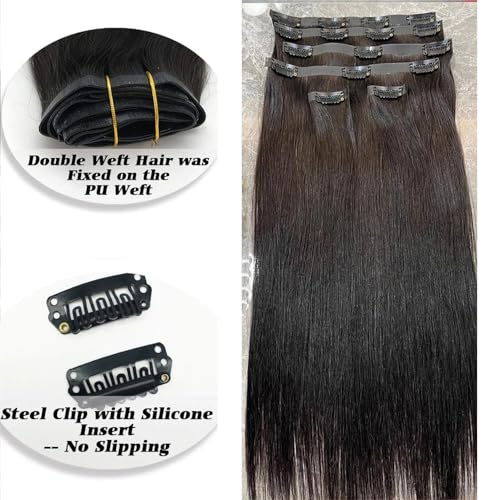 PU Clip ins Extensions Human Hair Straight Seamless Clip In Human Hair Extensions Natural Color Brazilian Skin Weft Clip-on Hair 120g/set for Woman (12inch, 1set 120g) - Image 2