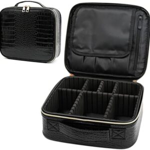 PU Leather Makeup travel organizer Crocodile Makeup Bag Portable Artist Storage Bag with Adjustable Dividers, Black