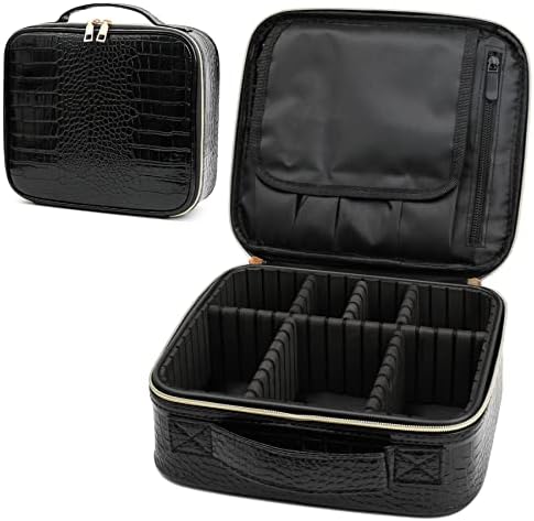 PU Leather Makeup travel organizer Crocodile Makeup Bag Portable Artist Storage Bag with Adjustable Dividers, Black