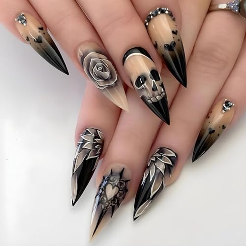 Punk Skull Rose Halloween Almond Stiletto Nails for Elegant and Edgy Nail Art