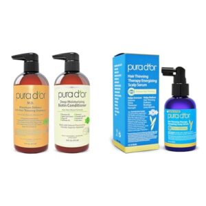 PURA D'OR Anti-Thinning Biotin Shampoo Conditioner Set with Scalp Serum 4oz All Hair Types