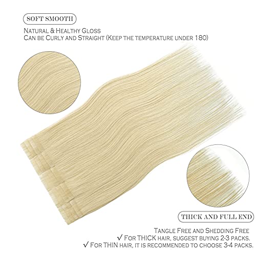 Purfasion Tape in Hair Extensions Remy Human Hair Platinum Blonde Invisible Skin Wef 18inch 40g 20 Pieces Staight Tape ins for Fashion Women (18Inch #60 40g) Blonde Extensions - Image 3