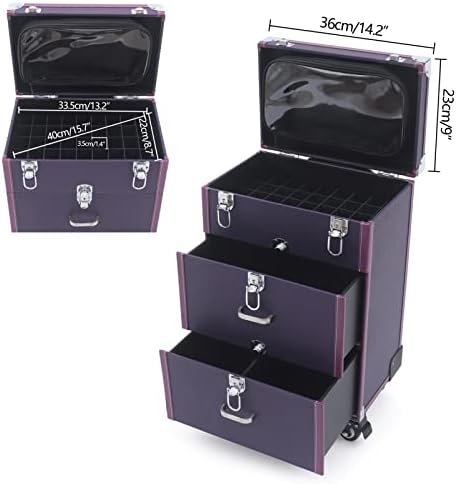 Purple 3-Tier Rolling Makeup Train Case with 4 Wheels for Nail Polish and Jewelry - Image 2