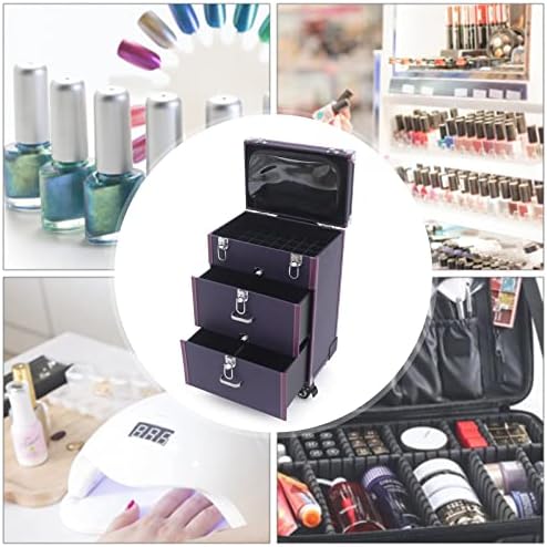 Purple 3-Tier Rolling Makeup Train Case with 4 Wheels for Nail Polish and Jewelry - Image 9