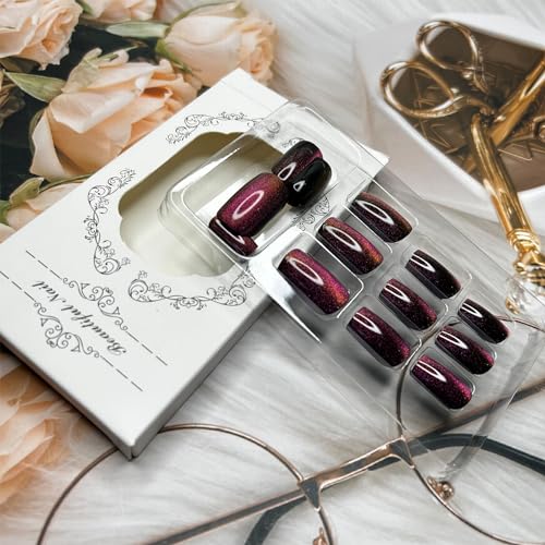 Purple Cat Eye Press on Nails Medium Square Fake Nails Glitter False Nails Glossy Reusable Acrylic Stick on Nails Glue on Nails Full Cover Obmre Artificial Nails for Women Girls Nail Decoration 24Pcs - Image 3