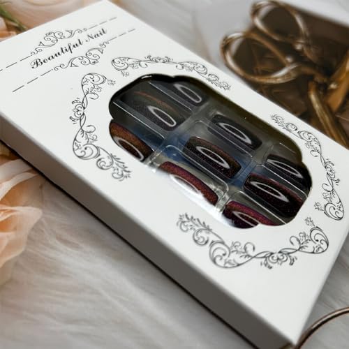 Purple Cat Eye Press on Nails Medium Square Fake Nails Glitter False Nails Glossy Reusable Acrylic Stick on Nails Glue on Nails Full Cover Obmre Artificial Nails for Women Girls Nail Decoration 24Pcs - Image 5