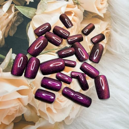 Purple Cat Eye Press on Nails Medium Square Fake Nails Glitter False Nails Glossy Reusable Acrylic Stick on Nails Glue on Nails Full Cover Obmre Artificial Nails for Women Girls Nail Decoration 24Pcs - Image 4