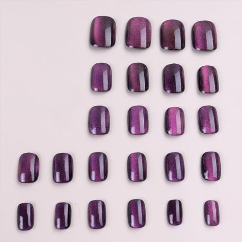 Purple Cat Eye Press on Nails Short Square Fake Nails Glossy Glue on Chrome Nails Glitter Gradient Acrylic Nails Shiny Coffin False Nails Reusable Stick on Nails for Women Girls Nail Art 24Pcs - Image 2