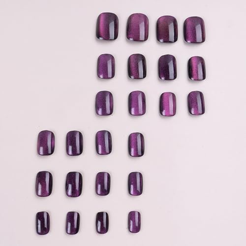 Purple Cat Eye Press on Nails Short Square Fake Nails Glossy Glue on Chrome Nails Glitter Gradient Acrylic Nails Shiny Coffin False Nails Reusable Stick on Nails for Women Girls Nail Art 24Pcs - Image 4