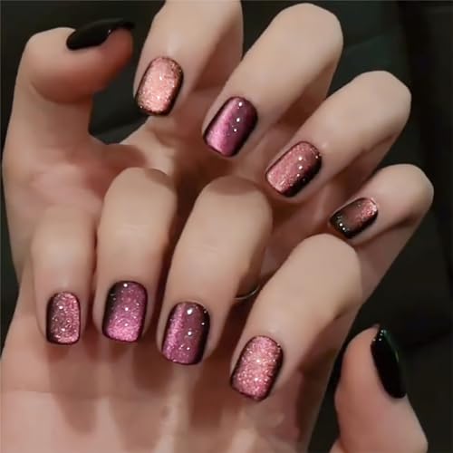 Purple Cat Eye Press on Nails Short Square Fake Nails Glossy Glue on Chrome Nails Glitter Gradient Acrylic Nails Shiny Coffin False Nails Reusable Stick on Nails for Women Girls Nail Art 24Pcs