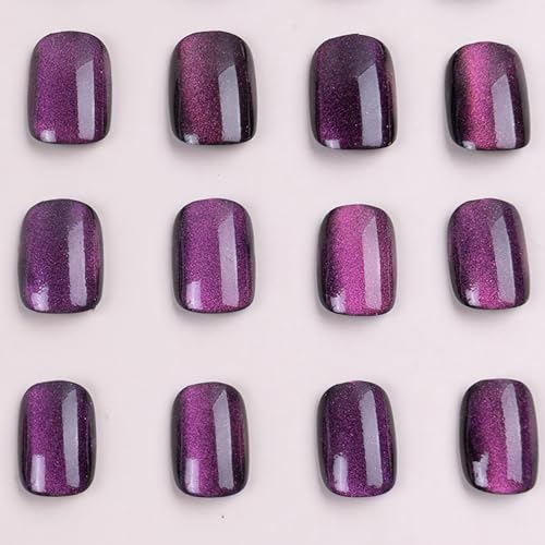 Purple Cat Eye Press on Nails Short Square Fake Nails Glossy Glue on Chrome Nails Glitter Gradient Acrylic Nails Shiny Coffin False Nails Reusable Stick on Nails for Women Girls Nail Art 24Pcs - Image 3
