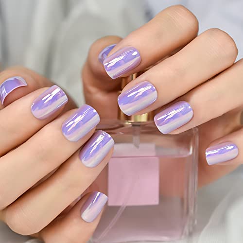 Purple Chrome Press On Nail Tips Short Squoval Fingernails Glossy False Nail Fake Nails Soild Color Manicure For Patry Wedding Tea Time Office Working With 24 Pcs Adhesive Sticker Tabs - Image 3