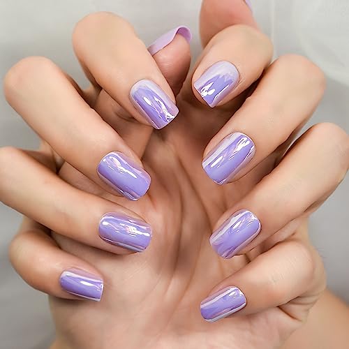 Purple Chrome Press On Nail Tips Short Squoval Fingernails Glossy False Nail Fake Nails Soild Color Manicure For Patry Wedding Tea Time Office Working With 24 Pcs Adhesive Sticker Tabs - Image 2