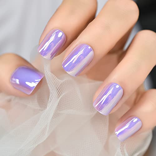 Purple Chrome Press On Nail Tips Short Squoval Fingernails Glossy False Nail Fake Nails Soild Color Manicure For Patry Wedding Tea Time Office Working With 24 Pcs Adhesive Sticker Tabs