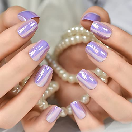 Purple Chrome Press On Nail Tips Short Squoval Fingernails Glossy False Nail Fake Nails Soild Color Manicure For Patry Wedding Tea Time Office Working With 24 Pcs Adhesive Sticker Tabs - Image 4