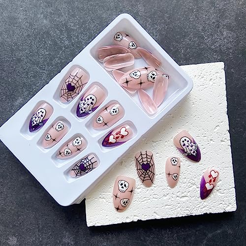 Purple Fake Nails Halloween Press on Nails Short Almond False Nails with Ghost Skull Spider Wed Heart Designs Cute Acrylic Fake Nails French Artificial Nails Full Cover Stick on Nails for Women 24Pcs - Image 4
