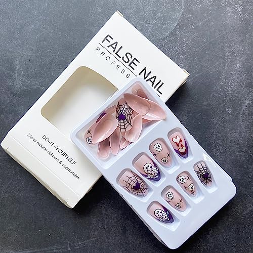 Purple Fake Nails Halloween Press on Nails Short Almond False Nails with Ghost Skull Spider Wed Heart Designs Cute Acrylic Fake Nails French Artificial Nails Full Cover Stick on Nails for Women 24Pcs - Image 5
