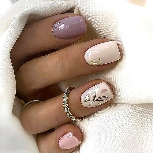 Purple Glossy Coffin Press-On Nails with Gold Foil Accents, 24 Piece Set, Medium Size
