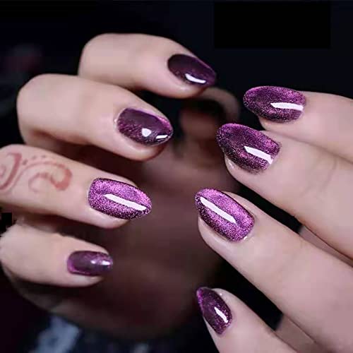 Purple Press on Nails Cat Eye Fake Nails Medium Length Round False Nails 24 Pcs Color Changing with Light Luxury Acrylic Nails Glossy Glue on Nails for Women Girls