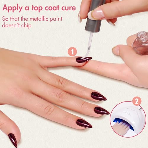 24PCS Medium Almond Purple Red Chrome Press On Nails with Gold Metallic Stiletto Accents - Image 6