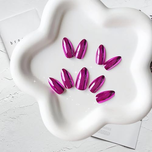 24PCS Medium Almond Purple Red Chrome Press On Nails with Gold Metallic Stiletto Accents - Image 5