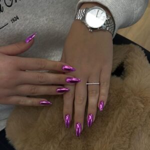 24PCS Medium Almond Purple Red Chrome Press On Nails with Gold Metallic Stiletto Accents