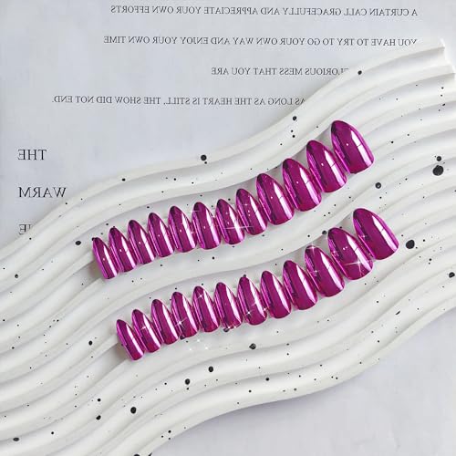 24PCS Medium Almond Purple Red Chrome Press On Nails with Gold Metallic Stiletto Accents - Image 4