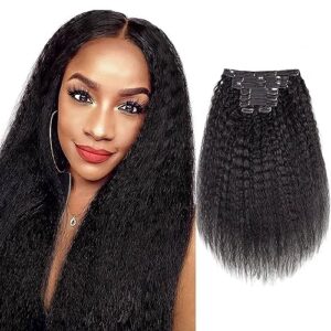 QiaQiaRing 16 Inch Kinky Straight Clip In Hair Extensions 8 Piece Set 120g Brazilian Remy Human Hair
