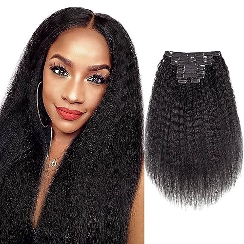 QiaQiaRing 16 Inch Kinky Straight Clip In Hair Extensions 8 Piece Set 120g Brazilian Remy Human Hair