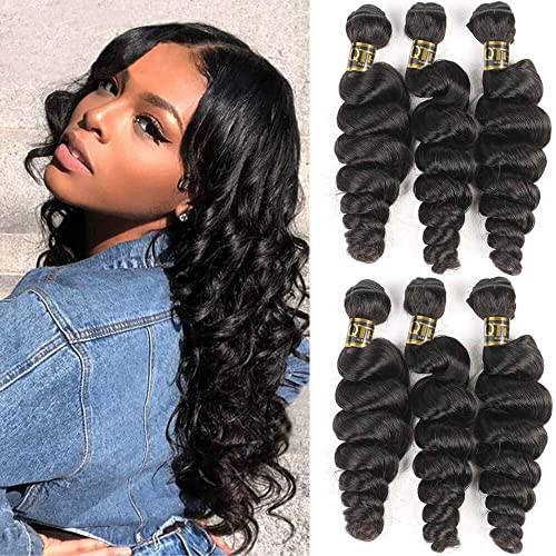 QTHAIR 12A Brazilian Virgin Hair Bundles 16" 18" 20" Loose Wave Hair Bundles 100% Human Hair Bundles Loose Wave Bundles Unprocessed Virgin Loose Wave Human Hair Extensions Natural Color