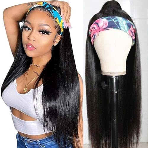QTHAIR 14A Headband Wigs Human Hair 26" Straight Headband Wigs for Black Women Brazilian Virgin Human Hair Half Wig Straight Hair Headband Wig No Glue No Sew In More Hairstyles Available (26 Inch)