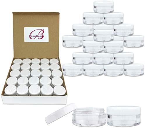 (Quantity: 100 Pieces) Beauticom 5G/5ML Round Clear Jars with White Lids for Acrylic Powder, Rhinestones, Charms and Other Nail Accessories