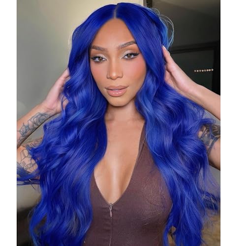 Quantum Love Long Blue Wavy Wigs Long Curly Dark Blue Wig for Women Middle Part Natural Looking Synthetic Hair for Daily Party Use