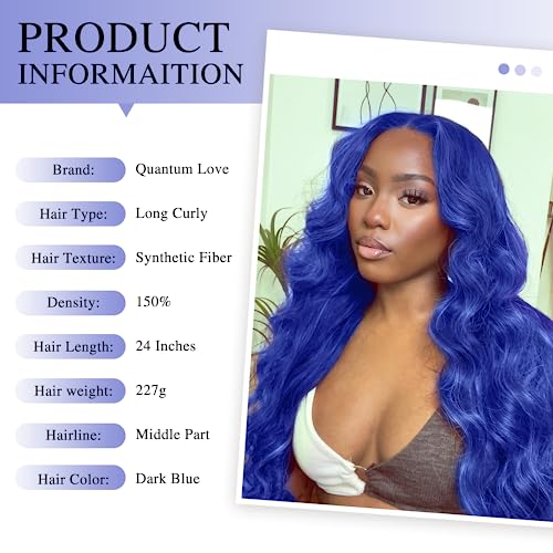 Quantum Love Long Blue Wavy Wigs Long Curly Dark Blue Wig for Women Middle Part Natural Looking Synthetic Hair for Daily Party Use - Image 5