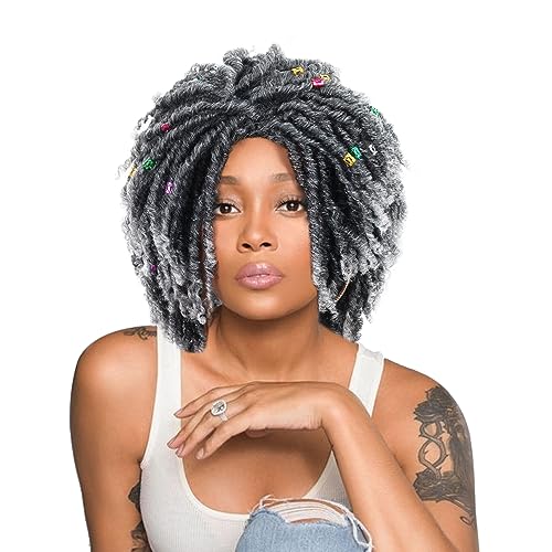 QUEENTAS Short Curly Grey/Black Synthetic Dreadlock Faux Locs Braided Wig