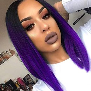 Quick Wig Purple Wig Short Straight Bob Wig Black to Purple Ombre Wig Colorful Wigs for Girls Shoulder Length Synthetic Raven Halloween Cosplay Party Wigs for Women