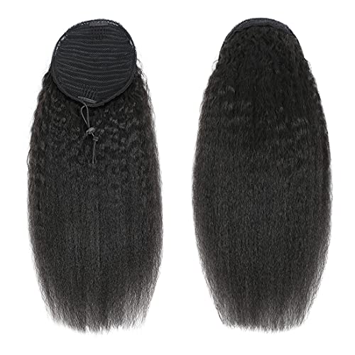 R RACILY HAIR Drawstring Ponytail for Black Women Human Hair Straight Kinky Ponytail Wrap Drawstring Yaki Extensions Clip on Afro Full Hair Pieces 110g/set False Hair (12") - Image 2