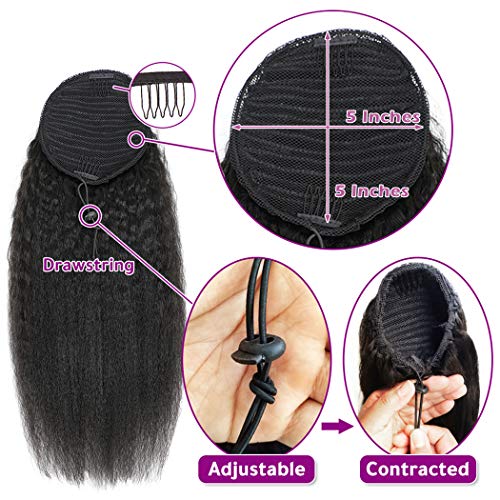 R RACILY HAIR Drawstring Ponytail for Black Women Human Hair Straight Kinky Ponytail Wrap Drawstring Yaki Extensions Clip on Afro Full Hair Pieces 110g/set False Hair (12") - Image 4
