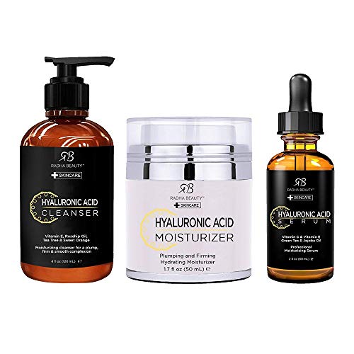 Radha Beauty Hyaluronic Acid Complete Facial Care Kit - 3-in-1 Anti-Aging Set with Cleanser, Serum, and Moisturizer for Wrinkles, and Dark Spots. Day & Night Brightening Skincare Gift Set