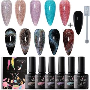 Rainbow Cat Eye Gel Nail Polish 6 Pcs Holographic Gel Polish, Iridescent Glitter Cateye Magnetic Nail Polish - Sparkle Nail Gel Polish with Magnet Stick UV/Led Nail Manicure Gift for Women