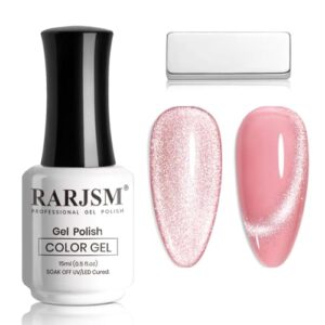 RARJSM 15ml Nude Sheer Pink Magnetic Cat Eye Gel Nail Polish with Silver Glitter