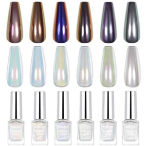 RARJSM Aurora Pearl Chrome Liquid Nail Powder Set Magic White Silver Blue Green Purple Moonlight Mirror Effect Brush on Powder 6 Pcs Iridescent Mermaid Glitter for Gel Polish Nail Art Quick Dry